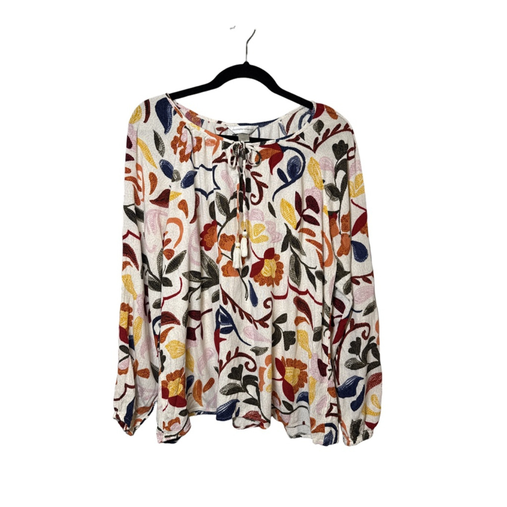 Christopher & Banks Blouse Floral Tassel Tie Rayon Size L Off-White Multi-Color